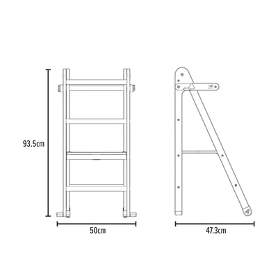 Technical line drawing of the TP Toys TP Active-Tots Pikler Style Wooden Folding Helper Tower with Play Easel & Play Mats (FSC® certified), showing front and side views with open dimensions: 93.5 cm tall, 50 cm wide, 47.3 cm deep.