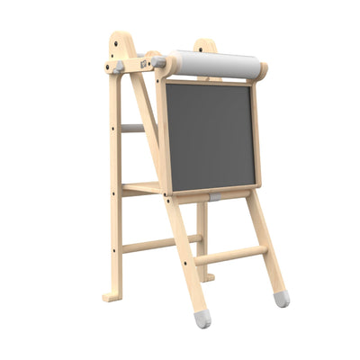 The TP Toys TP Active-Tots Pikler Style Wooden Folding Helper Tower With Play Easel features a chalkboard, paper roll holder, light gray plastic feet and connectors, plus an easel accessory to inspire creativity. FSC® certified.