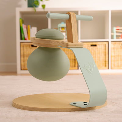 The TP Toys TP Active-Tots Pikler Style Toddler Bouncer, made from FSC® certified wood, and a metal balance toy with a green rubber bulb are placed on a carpet in a bright room with shelves and storage baskets.
