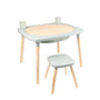 The TP Toys TP Active-Tots Pikler Style 4 in 1 Wooden Play Table with Play Stool is a small, lightweight FSC® certified kids’ table and stool set, perfect for Montessori activities, shown with two cups on its round wooden center against a white background.