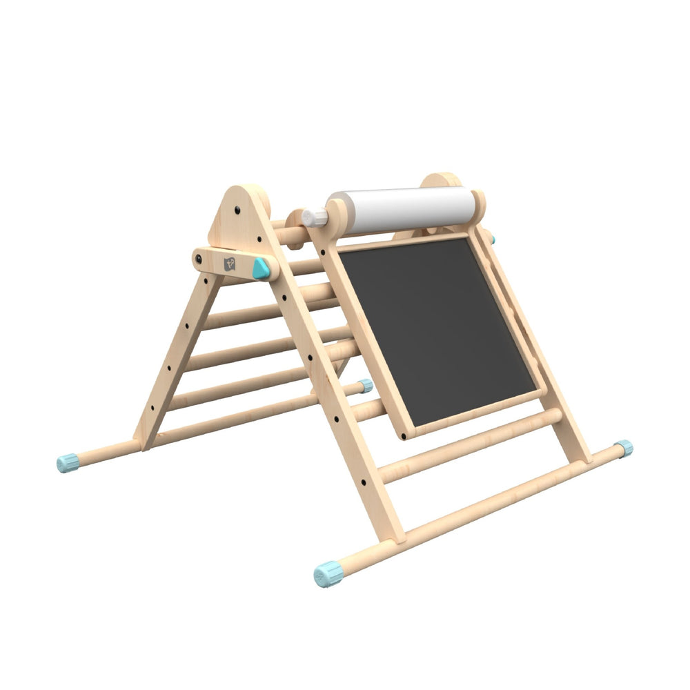 The TP Toys TP Active-Tots Pikler Style Wooden Climbing Triangle With Wooden Play Easel is an FSC® certified foldable A-frame with a climbing ladder, paper roll, and chalkboard—perfect for creative Montessori-inspired indoor play.