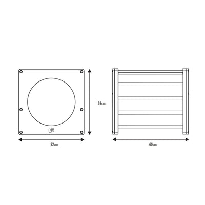 Technical drawing of the TP Toys TP Active-Tots Pikler Style Wooden Climbing Cube (FSC® certified) with front and side views, 52 cm high/wide, 60 cm deep, featuring a circular opening—perfect for indoor play.