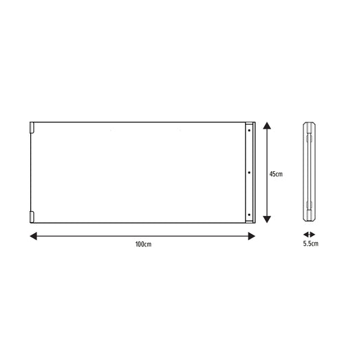 Technical drawing of the TP Active-Tots Pikler Style Wooden Climbing Bridge and Slide by TP Toys (FSC® certified); shows a 100 cm wide, 45 cm high, 5.5 cm thick rectangular Montessori indoor toy with labeled top and side views.