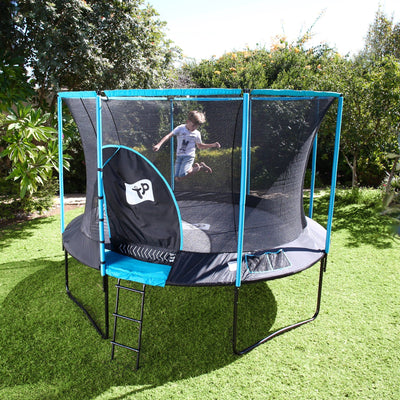 A child jumps on the TP Toys TP Genius® 12ft Round Trampoline Bundle, featuring a galvanised steel frame and SurroundSafe enclosure.