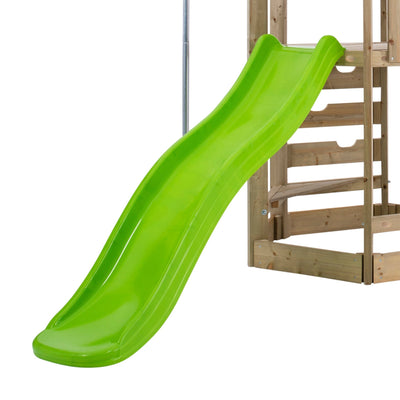 The TP Toys Castlewood climbing frame features a double wooden swing arm and a 1.8m wavy green slide, attached to a play tower with steps and railings. FSC® certified.