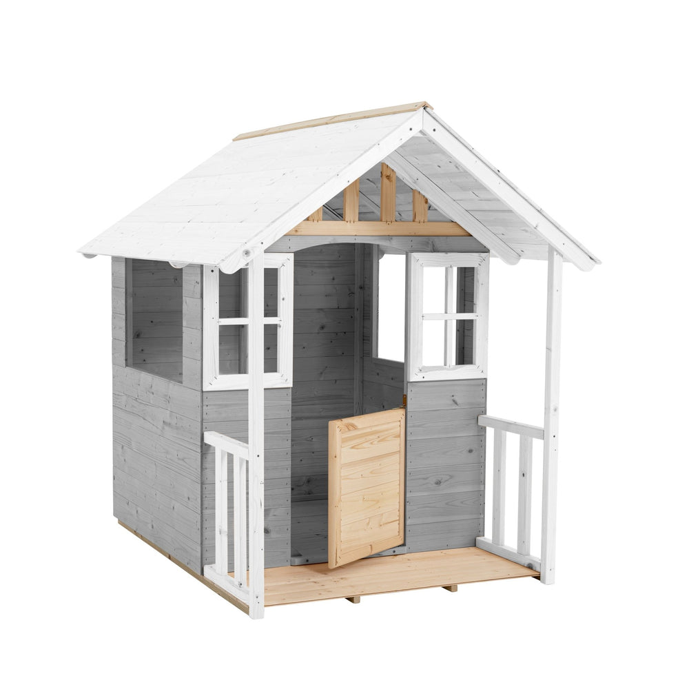 The TP Toys Snowdrop Cottage Wooden Playhouse, FSC® certified, features a white roof, gray walls, white trim, two windows, a half door, and a front porch with railings—perfect for childrens garden play.