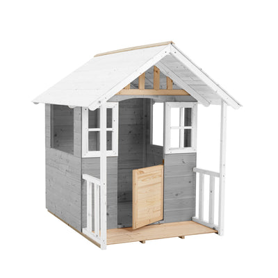 The TP Toys Snowdrop Cottage Wooden Playhouse, FSC® certified, features a white roof, gray walls, white trim, two windows, a half door, and a front porch with railings—perfect for childrens garden play.