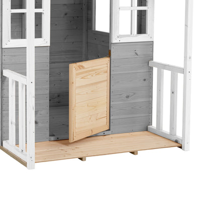The TP Toys Snowdrop Cottage Wooden Playhouse, FSC® certified, features grey walls, white trim, and a natural wood half-door with a quaint porch—an ideal garden playhouse for children.