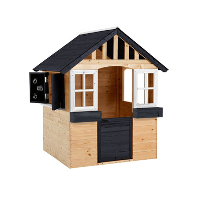 The TP Toys TP Blackberry Cottage Wooden Playhouse – FSC® certified – features a black roof, two white-framed windows, a doorway, and a side blackboard menu, creating the perfect spot for imaginative play.