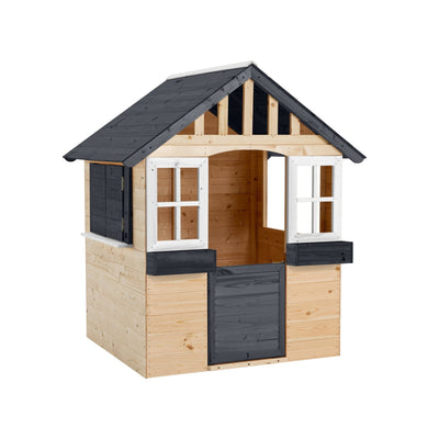 The TP Toys TP Blackberry Cottage Wooden Playhouse - FSC® certified features natural wood walls, a black roof and door, and white-trimmed windows. Shown angled to highlight both the front and side.