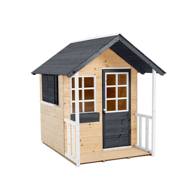 The TP Bluebell Cottage Wooden Playhouse by TP Toys features a black roof, black window frames, white-railed front porch, and light wood panels—making it a perfect garden spot for imaginative play. FSC® certified.