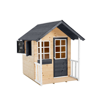 The TP Toys Bluebell Cottage Wooden Playhouse (FSC® certified) features a peaked black roof, white trim, front porch, and side serving window—ideal for imaginative play in any garden.