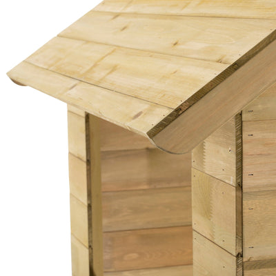 Close-up of the TP Toys Clover Cottage Wooden Playhouse, crafted from FSC® certified wood with a natural finish, angled roof, open entrance, and visible grain highlighting the panel seams.