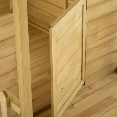 The Clover Cottage Wooden Playhouse by TP Toys features a partially open wooden door with horizontal paneling, crafted from FSC® certified wood—ideal for imaginative role play.