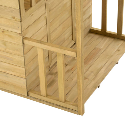 Close-up of the Clover Cottage Wooden Playhouse by TP Toys, featuring a porch with vertical slats, wall, floor, and railing—crafted from FSC® certified wood and ideal for imaginative role play.