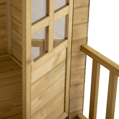 Close-up of the TP Toys Lavender Cottage Wooden Playhouse (FSC® certified), showing its wooden door, window, and railing—ideal for imaginative play—set against a white background.