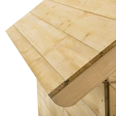 Close-up of the Lavender Cottage Wooden Playhouse roof by TP Toys, featuring overlapping planks and visible nails, crafted from FSC® certified wood.