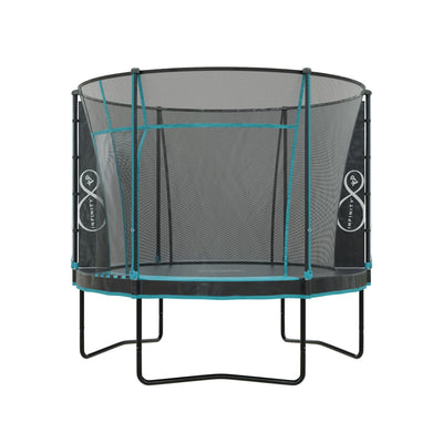The TP Toys 10ft Infinity Round Trampoline features a black and teal design with a safety net enclosure and padded poles, providing excellent bounce and enhanced safety—shown here against a white background.
