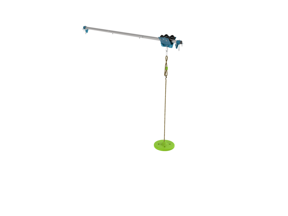The TP Toys Skywood Skyline Flying Fox with Button Seat Add-On is a backyard zip line kit featuring a metal trolley, blue attachments, strong rope, and a round green button seat for exciting outdoor play.