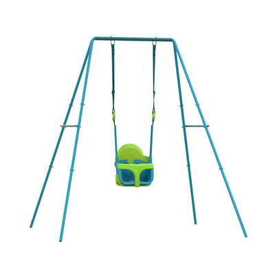 The TP Toys Small to Tall 2 in 1 Metal Swing Set features a blue frame and a suspended green and blue Quadpod seat, ideal for toddlers. The swing set is displayed against a white background.