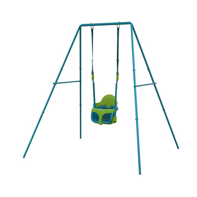 The TP Toys Small to Tall 2 in 1 Metal Swing Set with Quadpod features a green and blue adjustable Quadpod seat that grows with your child, suspended by sturdy straps for safety and versatility.