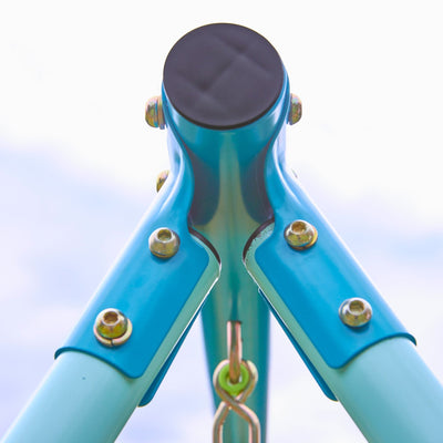 Close-up of the top metal joint of the TP Toys Triple Metal Swing Set with Glider Swing Seat, showing bolts and connecting bars—ideal for securely attaching adjustable swing seats to your garden playset.