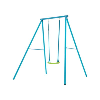 The TP Deluxe Single Metal Swing Set by TP Toys features a compact blue metal frame and an adjustable green swing seat, hanging securely from two sturdy blue ropes.
