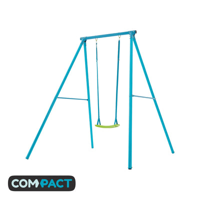 The TP Toys TP Deluxe Single Metal Swing Set features a blue frame, four supporting legs, and a green adjustable swing seat. COMPACT is shown in the corner—ideal for small outdoor spaces needing a compact garden swing.