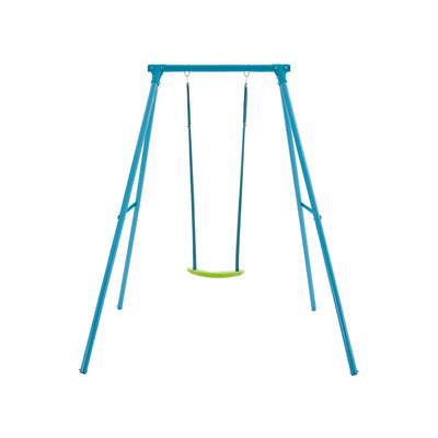 The TP Toys TP Deluxe Single Metal Swing Set features a compact blue frame and an adjustable green swing seat suspended by two ropes, shown against a plain white background.