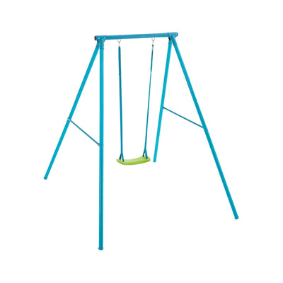The TP Toys TP Deluxe Single Metal Swing Set features a compact blue metal frame, an adjustable swing with a green plastic seat, and blue ropes, shown isolated on a white background.