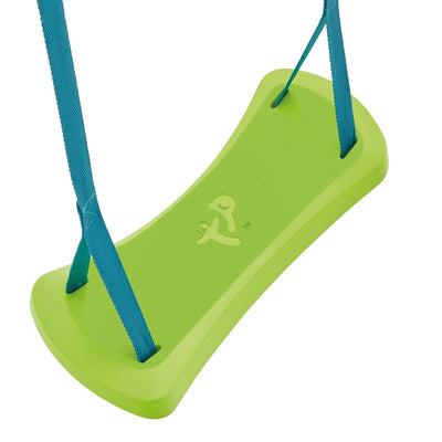 A green Rapide swing seat with blue straps at each corner, designed for the TP Deluxe Double Metal Swing Set by TP Toys, shown on a white background.