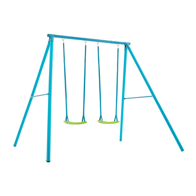 The TP Toys TP Deluxe Double Metal Swing Set features blue Rapide swing seats suspended by blue ropes from a durable powder-coated steel frame, shown against a white background.