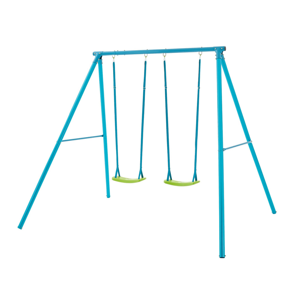 The TP Deluxe Double Metal Swing Set by TP Toys, featuring Rapide swing seats, has a blue powder-coated steel frame with four legs and is shown against a white background.