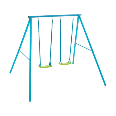 The TP Deluxe Double Metal Swing Set by TP Toys features a blue powder-coated steel frame and Rapide swing seats, with two green swings hanging from blue ropes, shown on a white background.