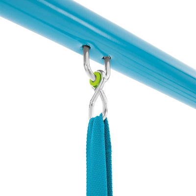 Close-up of a blue fabric strap attached with two metal carabiners and a small green ring to the powder-coated steel frame of the TP Toys TP Deluxe Double Metal Swing Set.