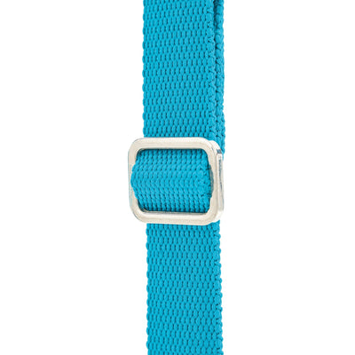 A close-up of a blue woven strap with a rectangular metal buckle, designed for the TP Deluxe Double Metal Swing Set by TP Toys, secured to its powder-coated steel frame, set against a white background.