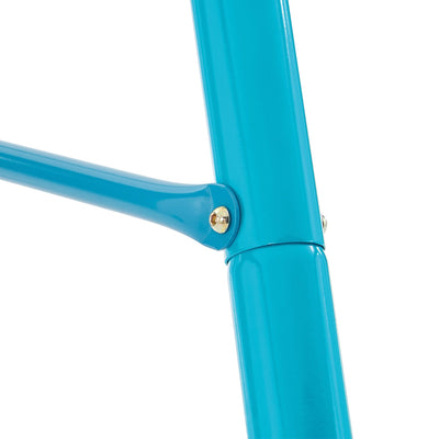 Close-up of a blue, powder-coated steel frame joint secured with a bolt and nut—part of the sturdy TP Toys TP Deluxe Double Metal Swing Set.