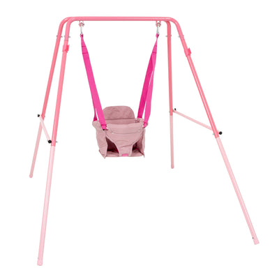 The TP Toys TP Pink Foldaway Baby Swing features a metal frame, fabric seat, and bright pink straps. Perfect for young children, its ideal for indoor or outdoor fun and safety, and easily folds away for convenient storage.