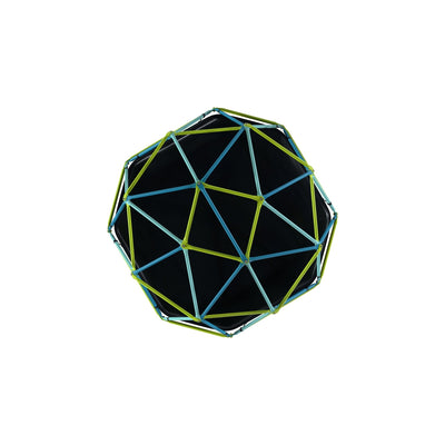 The TP Toys TP 1.9m Metal Climbing Dome & Sandpit features blue and green rods forming triangular patterns on a black frame, seen from above—an exciting outdoor play equipment choice for active kids.