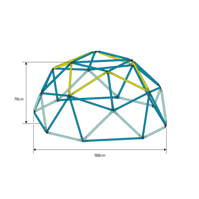 The TP Toys TP 1.9m Metal Climbing Dome & Sandpit is a colorful outdoor play equipment for kids with blue and yellow bars, measuring 78 cm tall by 188 cm wide; measurements are clearly labeled with arrows.