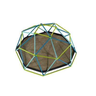 The TP Toys TP 1.9m Metal Climbing Dome & Sandpit features green and blue bars with a black mesh center, making it ideal as outdoor play equipment or a fun kids garden toy.
