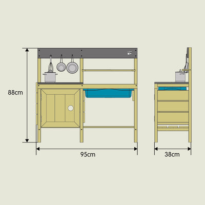 Diagram of the TP Toys TP Junior Chef Wooden Mud Kitchen – FSC® certified, measuring 88 cm high, 95 cm wide, and 38 cm deep, with shelves, hooks, and a cabinet for kids’ play.