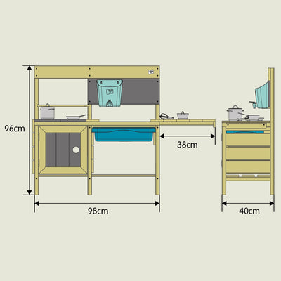 Diagram of the TP Toys TP Deluxe Wooden Mud Kitchen - FSC® certified: 96 cm tall, 98 cm wide, 40 cm deep, with shelves, sink, and play utensils—ideal for imaginative outdoor play.