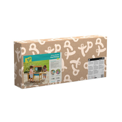 A rectangular box with a patterned design holds the TP Toys TP Deluxe Wooden Mud Kitchen - FSC® certified, ideal for outdoor play kitchen fun, as displayed in the product image and description on the packaging.