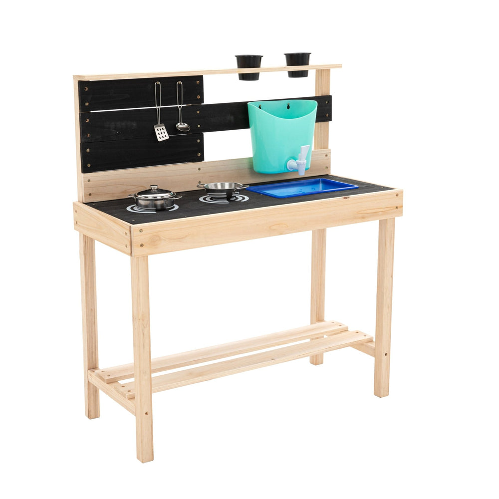 The TP Toys TP Little Chef Wooden Mud Kitchen - FSC® certified is an outdoor playset with a stovetop, sink, faucet, utensils, cups, blue basin, and storage shelf. Made from FSC-certified wood for safe and sustainable fun.