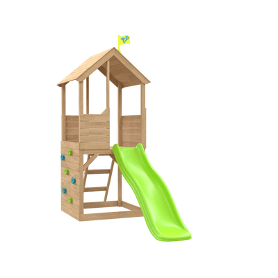 The TP Toys Treehouse Wooden Play Tower, FSC® certified, features a house design, wavy slide, climbing wall, ladder, and a yellow flag—perfect for outdoor fun.
