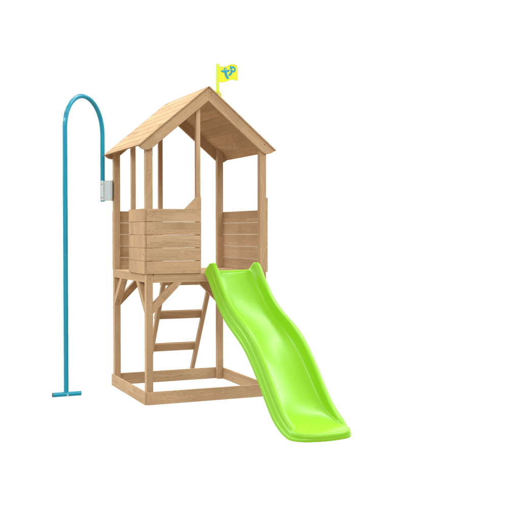 The TP Toys Treehouse Wooden Play Tower with a wavy slide and firemans pole stands near a blue arch, set against a plain white background. FSC® certified.