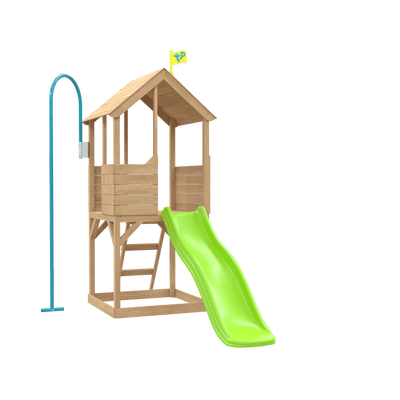 The TP Toys Treehouse Wooden Play Tower with a wavy slide and firemans pole stands near a blue arch, set against a plain white background. FSC® certified.