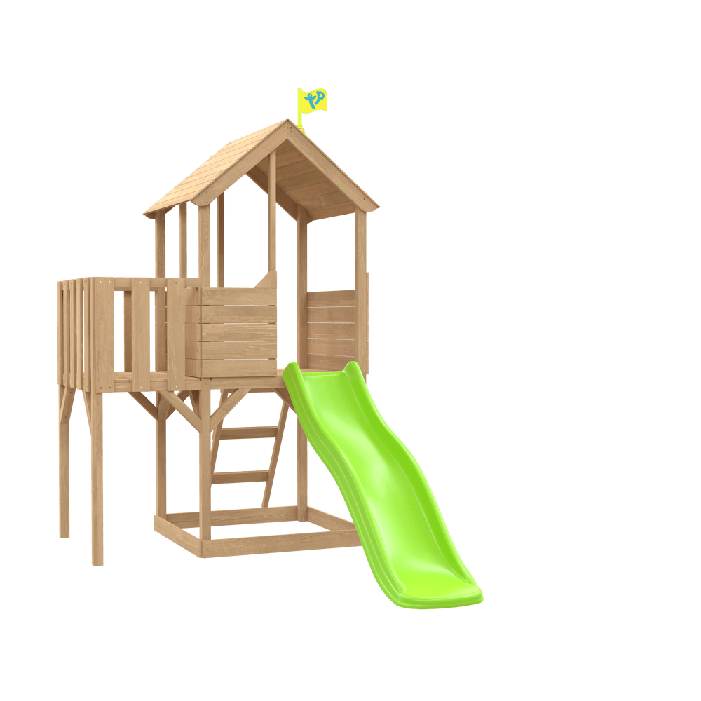 The TP Toys Treehouse Wooden Play Tower, FSC® certified, features a raised platform, ladder, wooden balcony, and bright green wavy slide—shown here on a white background.