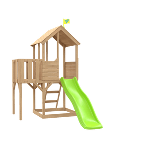 The TP Toys Treehouse Wooden Play Tower, FSC® certified, features a raised platform, ladder, wooden balcony, and bright green wavy slide—shown here on a white background.